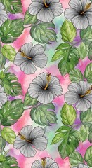 Tropical Hibiscus and Monstera Leaf Pattern - A Vibrant Watercolor Design.