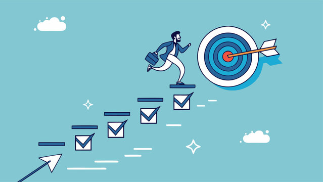 personal development goals for work, train specific skills or competencies to achieve career success, self improvement or career growth, Businessman walk up checklist as a ladder to reach target

