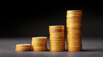 Stacks of golden coins representing financial growth, investment potential, and increasing wealth on a dark background conveying success in personal finance and economics