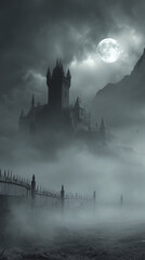 Spooky old gothic castle, foggy night, haunted mansion, Halloween.