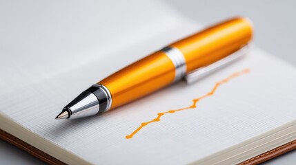 Orange pen resting on a textured notebook page with a rising graph line, symbolizing growth, success, and financial improvement in a professional setting.