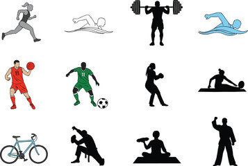 Sports silhouettes, fitness activity, running, swimming, weightlifting, soccer, basketball, boxing, fencing, yoga, martial arts, dance move, athletic lifestyle, exercise scene