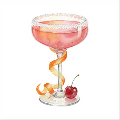 Watercolor Pink Cocktail with Sugar Rim, Cherry and Orange Peel on White Background
