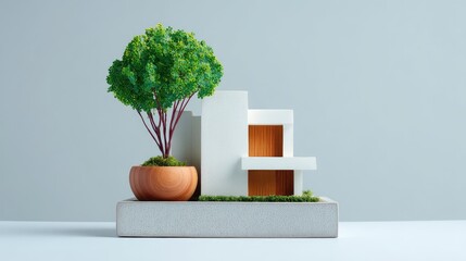 Modern architectural model featuring clean lines and minimalistic design, accompanied by a potted tree, showcasing sustainable living concepts and aesthetic innovation