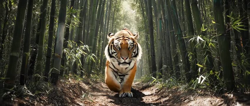 A cinematic tracking shot of a magnificent Siberian tiger moving with stealth and power through a bamboo forest. An intense and beautiful portrait of a critically endangered predator.