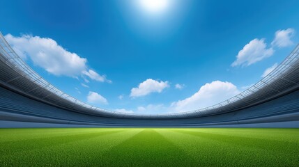 A Bright and Clear Day Over a Sports Stadium with Lush Green Grass and a Beautiful Sky, Perfect for Sporting Events, Activities, or Outdoor Gatherings in Summer