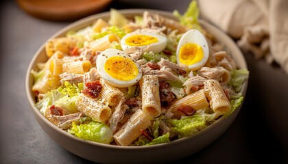 Pasta salad with rigatoni, shredded chicken, lettuce, bacon, and boiled egg halves in a ceramic bowl