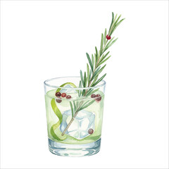 Watercolor Rosemary Stick Gin and Tonic Cocktail on White Background
