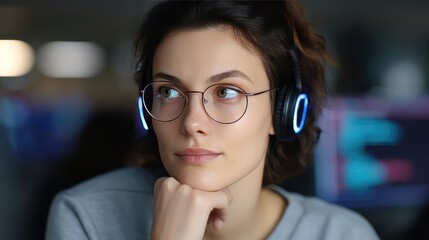 Thoughtful young woman with glasses and headphones, immersed in creative work at a modern workspace, showcasing concentration and inspiration in a digital environment.
