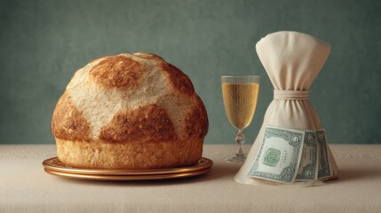 A Golden Loaf of Bread Next to a Glass and a Bundle of Money on a Cream Tablecloth for Conceptual Themes of Wealth, Prosperity, and Abundance in a Still Life Arrangement
