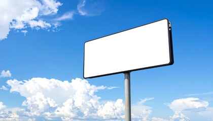 Empty billboard against a vibrant blue sky dotted with fluffy white clouds.