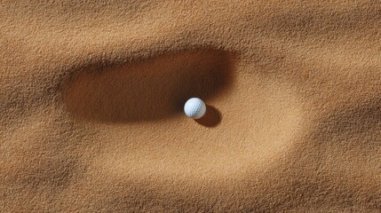 Golf Ball in Sand Trap Showing Texture and Shadows, Capturing the Challenge of the Game with a Focus on Precision and Skill Required in Golf Sports