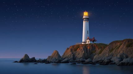 Serene Coastal View of a Lighthouse Illuminating the Night Sky with Stars Above and Gentle Waves Lapping at the Rocky Shoreline in a Peaceful Setting