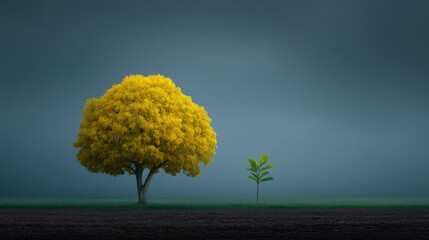 A Vibrant Yellow Tree Standing Tall Beside a Small Green Sapling in a Calming Misty Landscape Showcasing Nature&rsquo;s Contrast and Growth Potential
