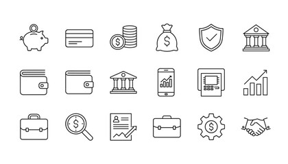 Finance and banking thin line icon set. Business, money, investment, and savings concept. Vector icons for mobile banking, payment, security, analysis, and economic growth.