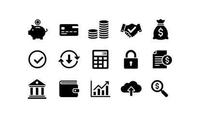 Banking and finance solid glyph icon set. Money, investment, savings, and payment concepts. Vector pictograms for business including bank, wallet, credit card, and security.