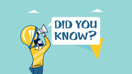 did you know illustration with businessman coming out of light bulb idea with megaphone and speech bubble saying did you know?, expert information, explanation or solution, useful tip or knowledge

