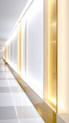 Modern, minimalist hallway with glowing gold accents and bright white walls creates a sleek and sophisticated atmosphere.