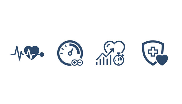 Healthcare and fitness vector icon collection. Concepts for cardiology, heartbeat monitoring, performance, exercise tracking, health insurance, and medical protection symbol set.