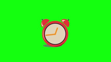 3D animated alarm clock emoji icon, classic red twin-bell design, ringing motion with shaking bells, cartoon style, centered on chroma key green screen background, smooth looping animation look. 
