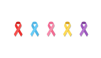 Awareness ribbons vector set. Colorful collection of symbols for health causes like breast cancer, HIV, AIDS, prostate cancer, and Alzheimer's. Support and solidarity concept.