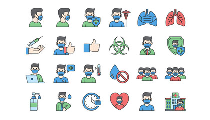 Man with mask medical icon set. Coronavirus pandemic prevention concept. Healthcare, vaccination, biohazard, hospital, doctor, lungs, and social distancing vector symbols.