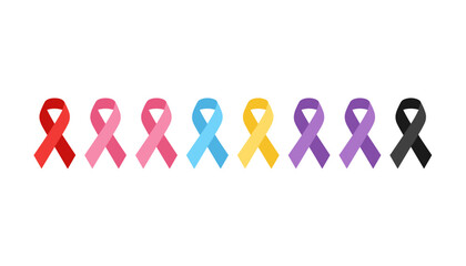 Awareness ribbons vector set. Support for various causes. Symbol for cancer, breast cancer, HIV, AIDS, Alzheimer. Hope, solidarity, charity campaign element. Medical concept.