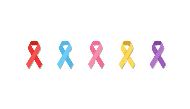 Awareness ribbons vector set. Colorful collection of symbols for health causes like breast cancer, HIV, AIDS, prostate cancer, and Alzheimer's. Support and solidarity concept.