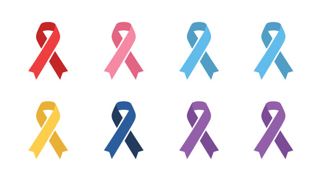 Vector set of colorful awareness ribbons. Icon for cancer, HIV, AIDS support. Health campaign and solidarity concept. Medical symbol for disease prevention. Isolated collection.
