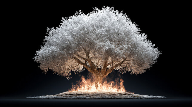 Modern depiction of a white flame burning bush glowing with divine presence, symbolizing faith, resilience, and spiritual endurance as the bush burns brightly without being consumed.