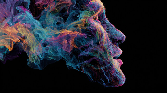 Abstract colorful smoke forming a human face profile on black background