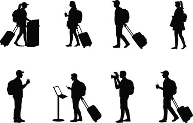 Traveler silhouettes, airport scene, luggage pulling, backpackers, digital kiosk interaction, travel lifestyle, waiting passengers, modern transit, global journey, airport terminal, travel moments