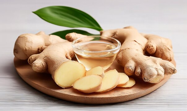 Whole and sliced ​​ginger root with a glass bowl of ginger oil on a wooden tray