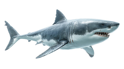 Fototapeta premium Shark with gray-blue skin glides through white space, its streamlined body and sharp teeth visible.