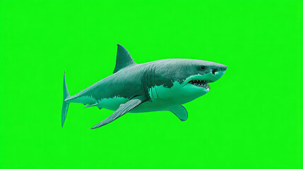 Fototapeta premium A sleek shark glides left to right against a vivid neon green backdrop, gray body and fins. In frame