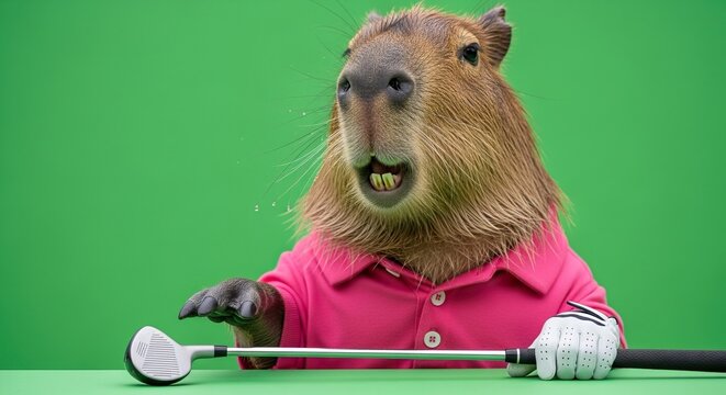 Humorous Capybara Golfer in Pink Polo Shirt with Club and Glove on Green Screen Background - Powered by Adobe