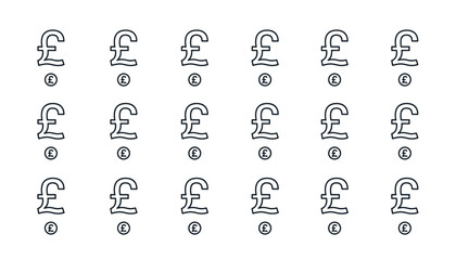 Set of British Pound Currency Symbols, Finance Icons, Money and Currency Outline Glyphs, UK Pound Sterling Symbols, Banking and Economy Vector Collection