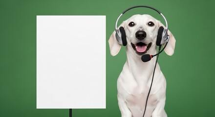 Friendly White Dog Wearing Headset with Microphone Ready to Assist Customer Service