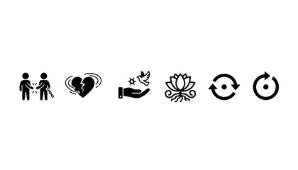 Ordered vector set illustrating the power of forgiveness with glyph style icons, symbols representing healing, compassion, emotional release, and reconciliation concepts for mental wellness and peace