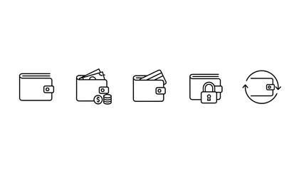 Personal wallet icon set, thin line style, ordered vector collection of minimalist purse symbols, digital finance, money management, payment, secure wallet graphics