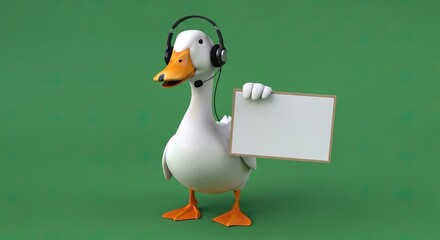 Cute 3D Cartoon Duck Character Wearing Headset Holding White Blank Sign for Support and Service