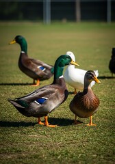 Ducks on Green Grass - A Colorful Gathering of Waterfowl.