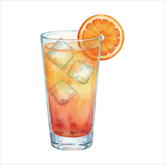Watercolor Orange Slice Cocktail in Tall Glass on White Background
