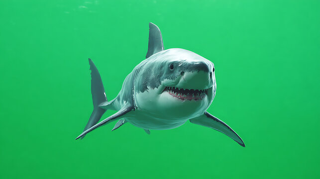 A great white shark approaches the camera in vivid green water, teeth visible, sunlight filtering..