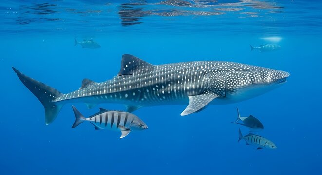 Whale shark swimming in clear blue ocean with striped pilot fish.