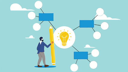 business idea description map, strategy or plan to solve business problems, decision making concept, businessman writing mind map diagram for easy understand concept vector illustration

