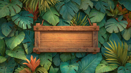 Blank Wooden Sign on Lush Tropical Foliage Background