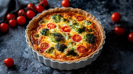 Homemade vegetable quiche with broccoli, cherry tomatoes, and cheese in a white ceramic baking dish