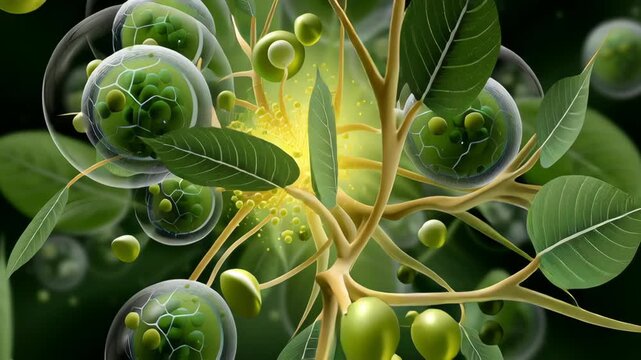 Chlorophyll process concept ,Plant cell microscopic view with chloroplasts and leaf showing photosynthesis energy process green