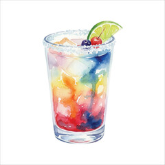 Watercolor Frosted Glass Rainbow Cocktail with Lime on White Background
